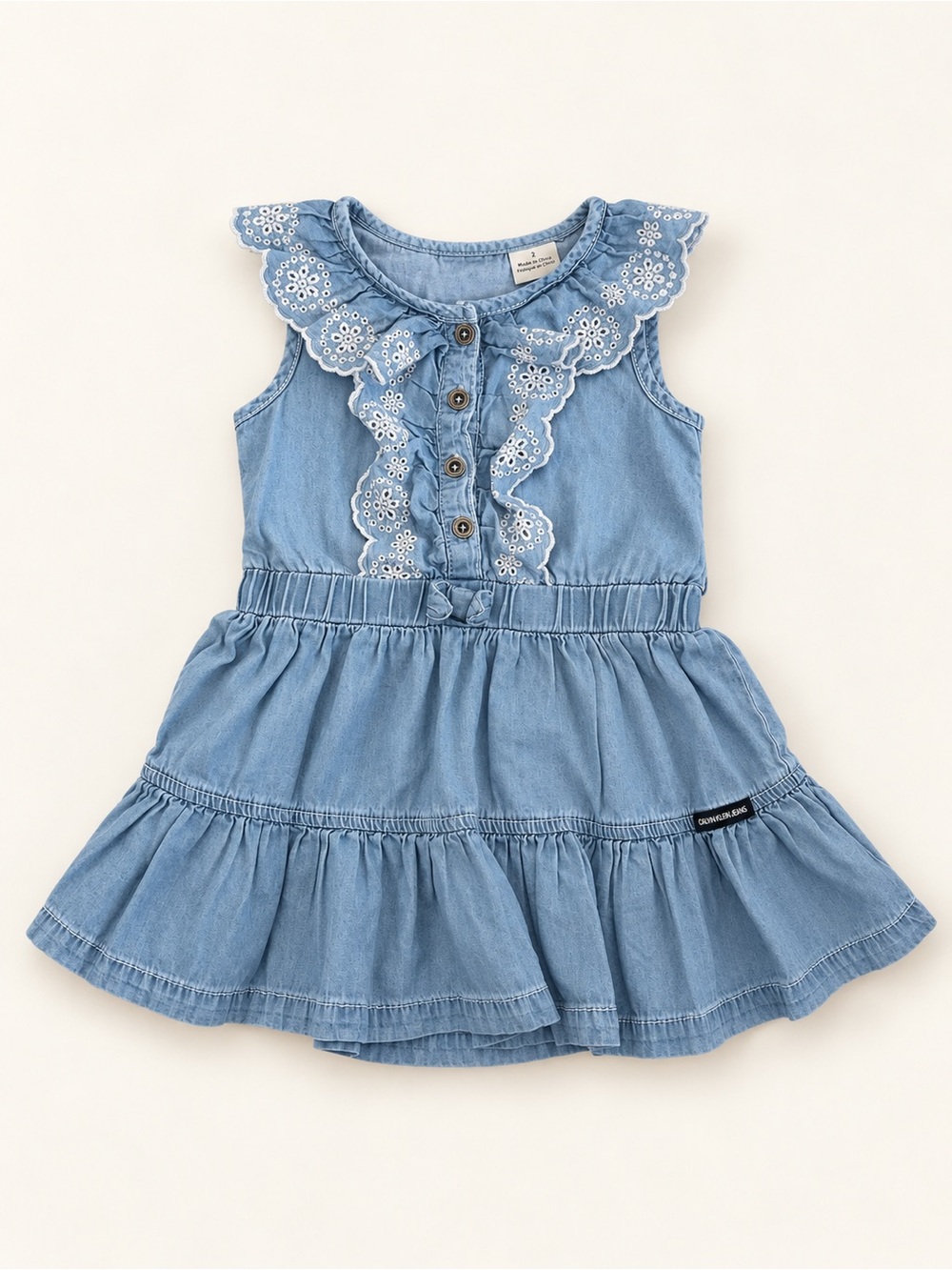 Calvin Klein Jeans Light Blue Denim Ruffle Dress with Eyelet Collar